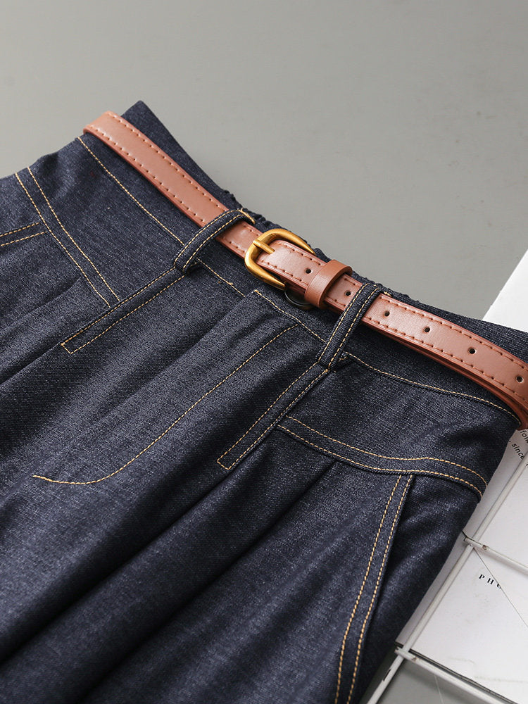 High Waist Pleated Denim Midi Skirt with Leather Belt