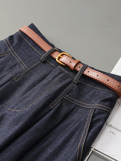 High Waist Pleated Denim Midi Skirt with Leather Belt