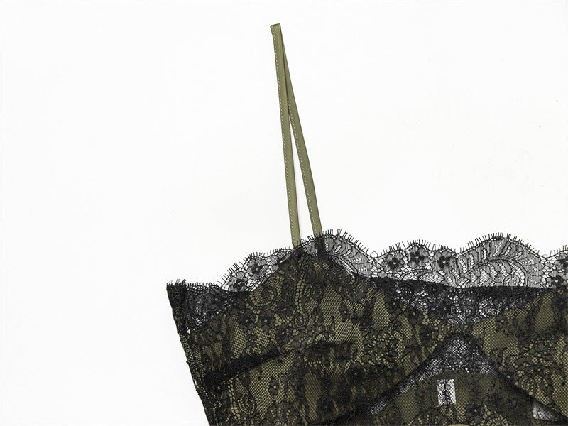 Olive Green Satin Asymmetrical Slip Dress with Black Lace Trim