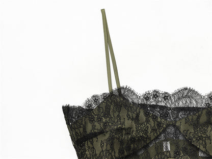 Olive Green Satin Asymmetrical Slip Dress with Black Lace Trim