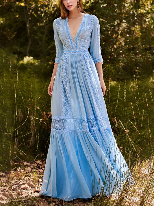 blue V-neck lace spliced maxi dress