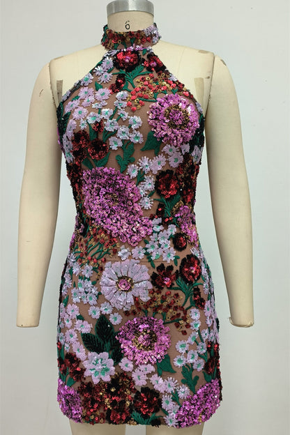 Violet open-back embroidered mini dress