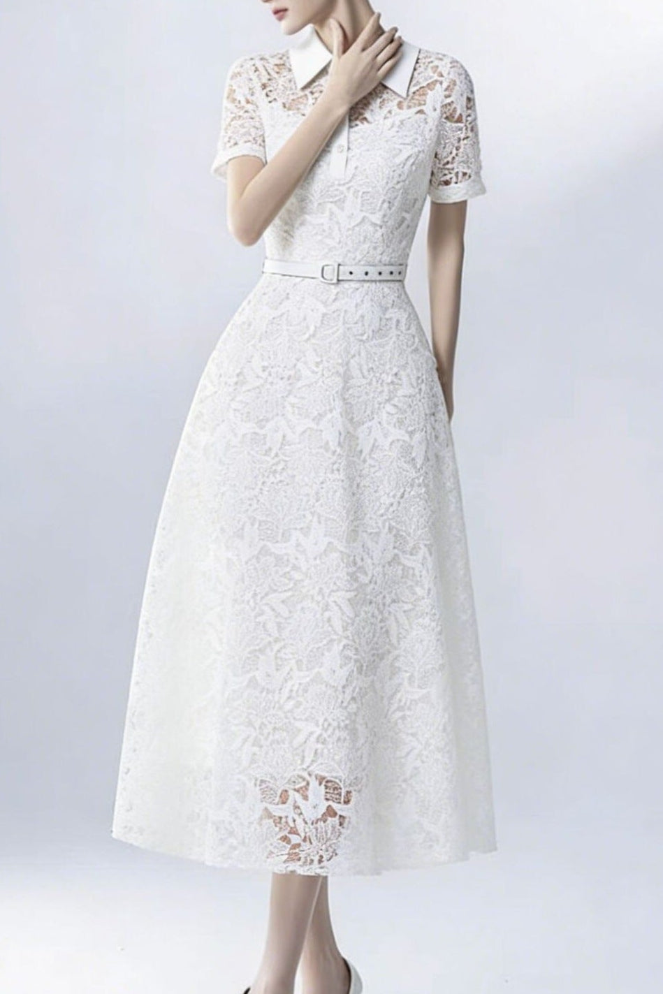Lace Collared Belted Midi Dress