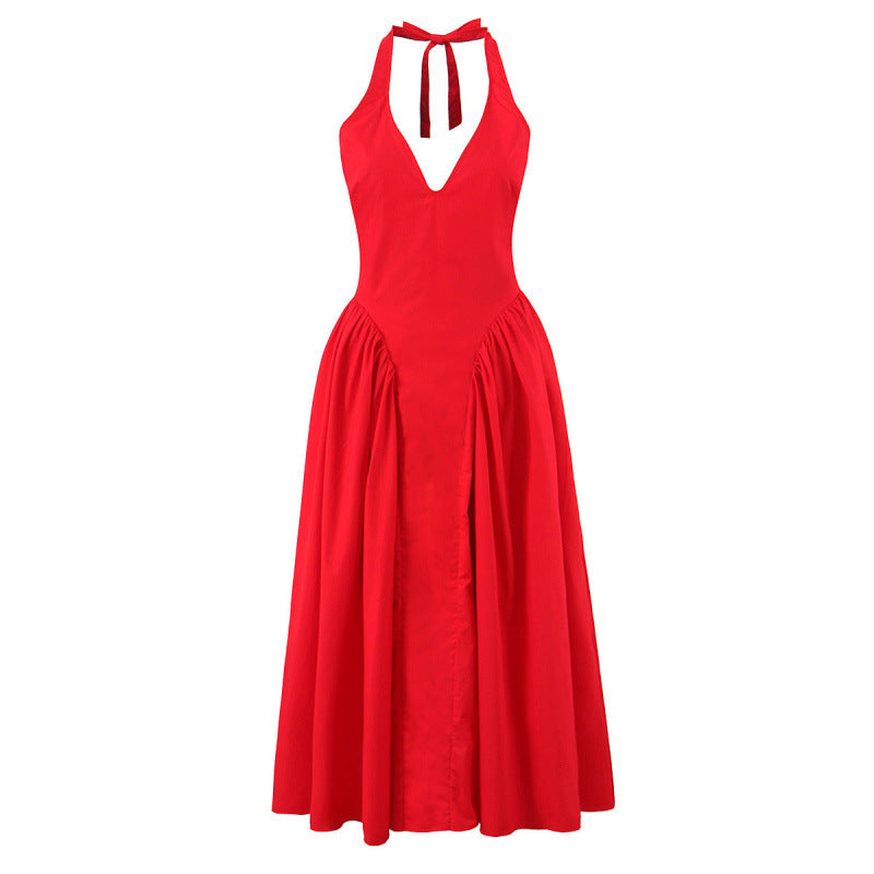 Halter Deep V Flared Maxi Dress