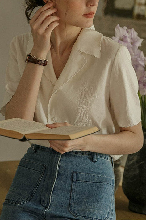white embroidered lace short sleeve shirt top