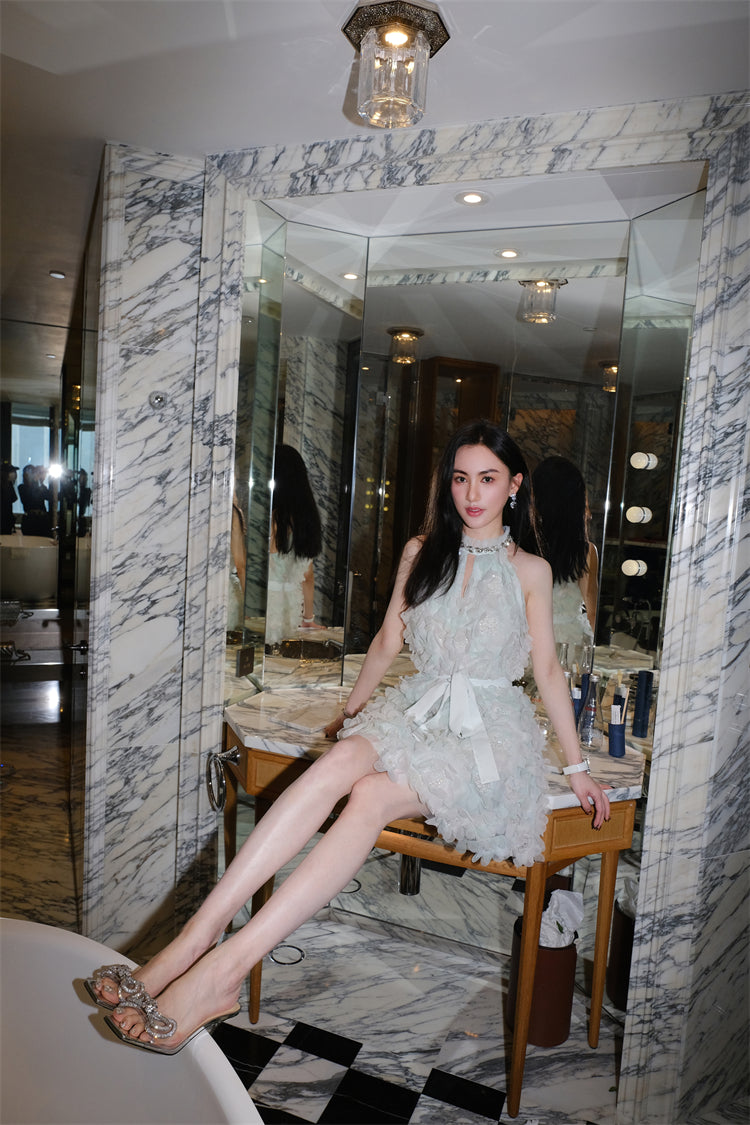 Pastel Green Ribbon Floral wedding guest bridal Dress