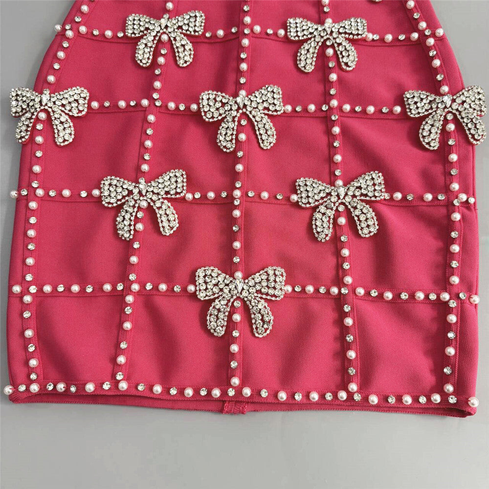 virginia Bowknot Crystal Grid Bandage Mini Dress in rose red
