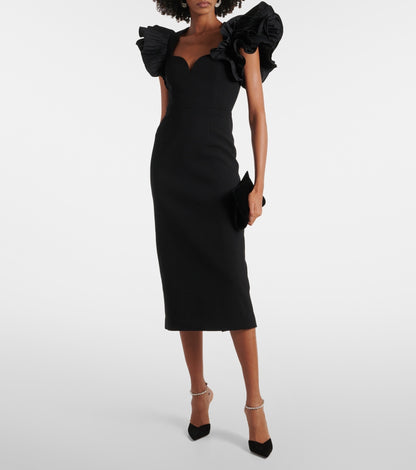 blanche ruffle crepe midi dress in black