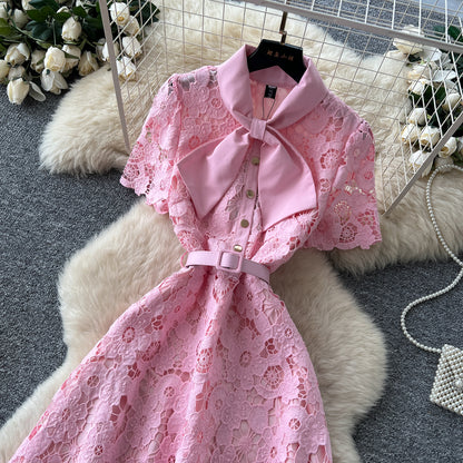 Light Pink Floral Lace A-Line Midi Dress
