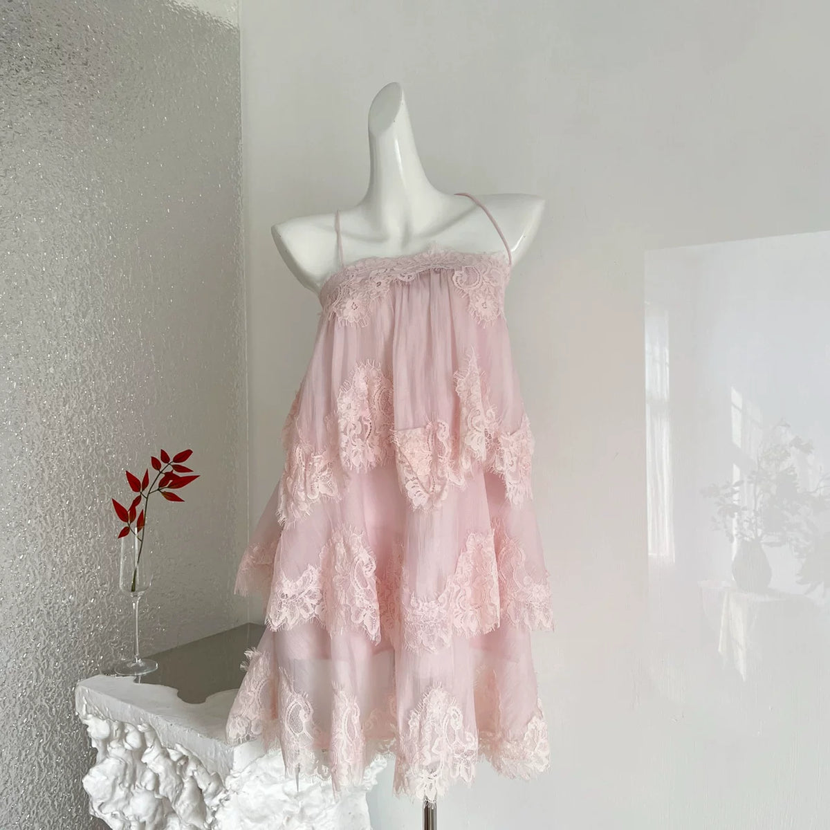 Blush Pink Spaghetti Strap Multi-Tier Eyelash Lace Tulle Babydoll Mini Dress