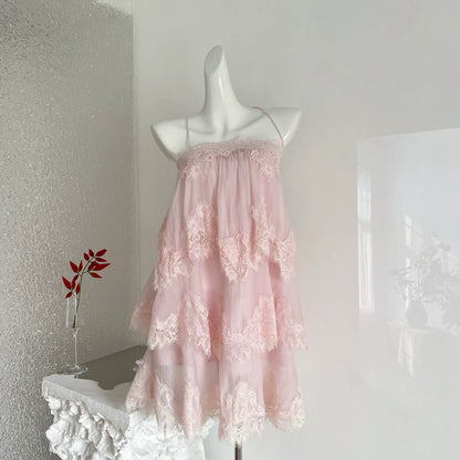 Blush Pink Spaghetti Strap Multi-Tier Eyelash Lace Tulle Babydoll Mini Dress