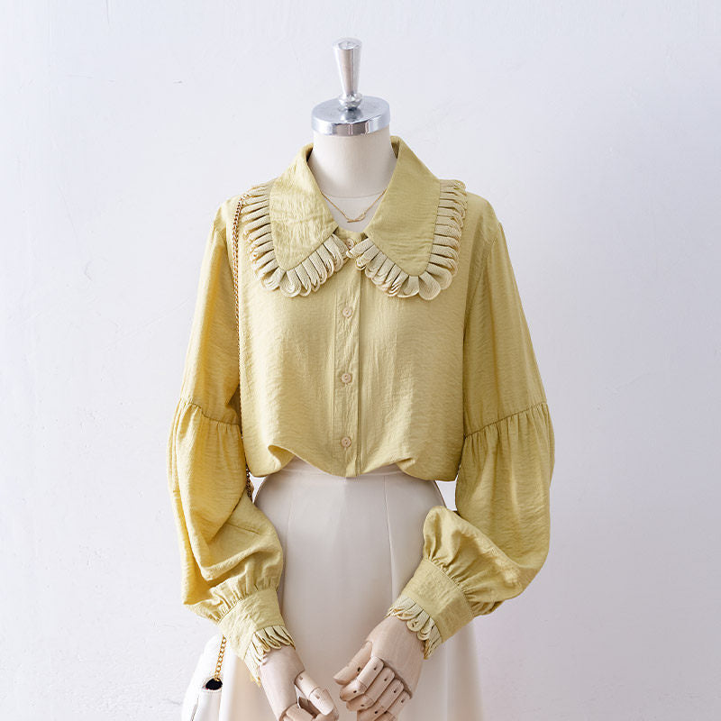 Layered Ruffle Collar Puff Long Sleeve Textured Blouse