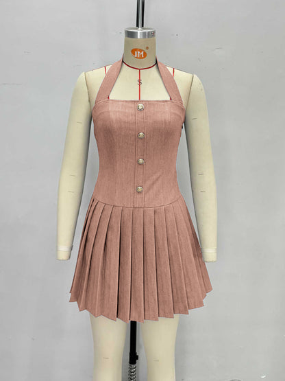 Light Denim Halter Square Neck Gold Button Pleated Mini Dress