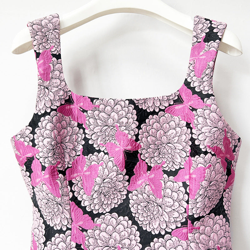 Square Neck Floral Butterfly Print Sleeveless Mini Dress