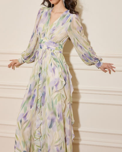 rachel multicolor v-neck floral print lantern sleeve maxi dress