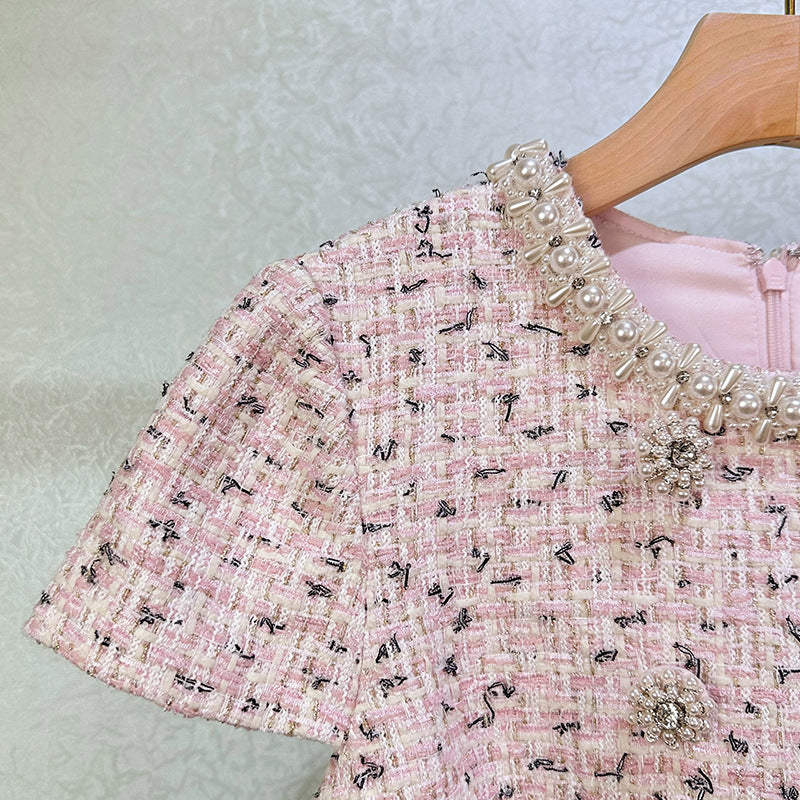 Embellished Bouclé Mini Dress in pink