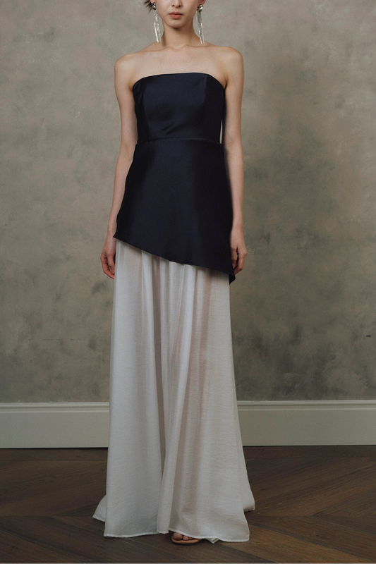 satin Spliced tulle  strapless maxi dress in black and white