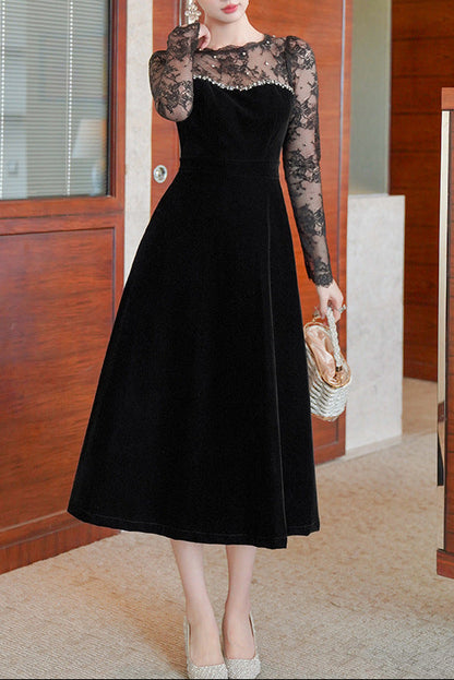 tiffany lace hollow sleeve rhinestone velvet maxi dress in black