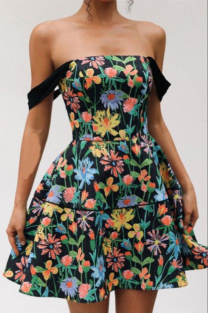simona Colorful print A Line Strap Satin mini Dress