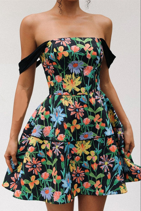 simona Colorful print A Line Strap Satin mini Dress