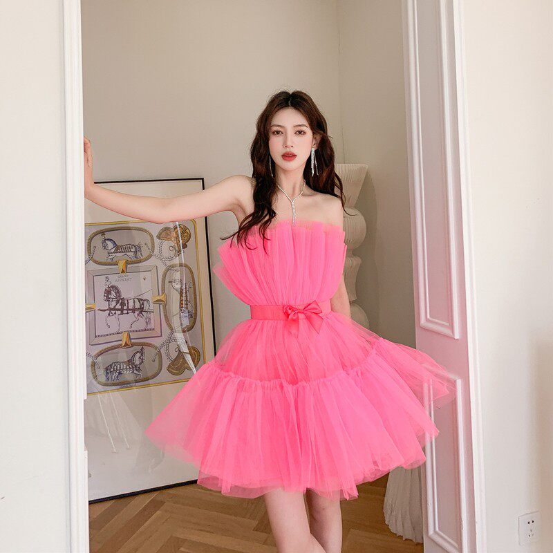 Frederica Bow-Accent Waist-Cinched Strapless Dress - Pink