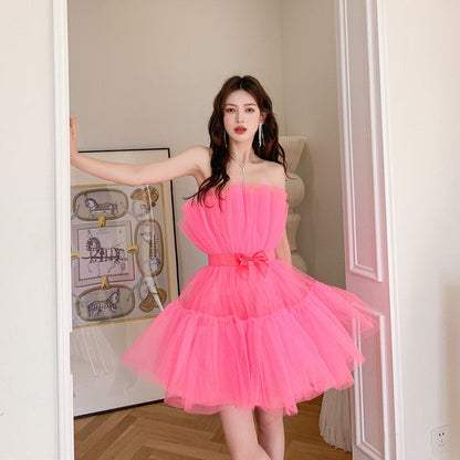 Frederica Bow-Accent Waist-Cinched Strapless Dress - Pink