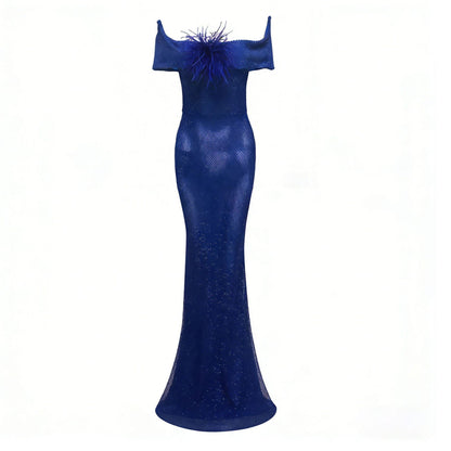 riva feather embellished hollowed sequin bodycon maxi dress in blue