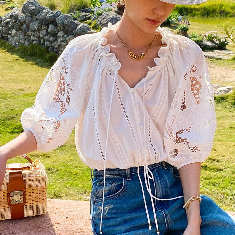 White Eyelet Lace Tiered Maxi Dress with Puff Sleeves