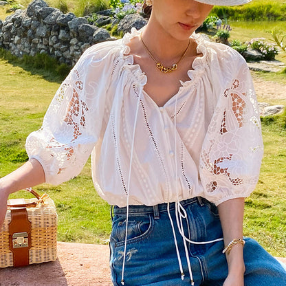 White Eyelet Lace Tiered Maxi Dress with Puff Sleeves