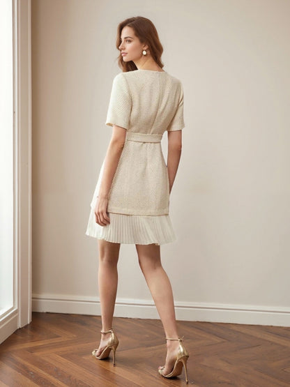 Cream Sparkly Tweed Round Neck Short Sleeve Belted Pleated Hem Mini Dress
