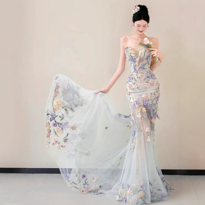 Strapless Pastel 3D Floral Tulle Mermaid Gown With Train