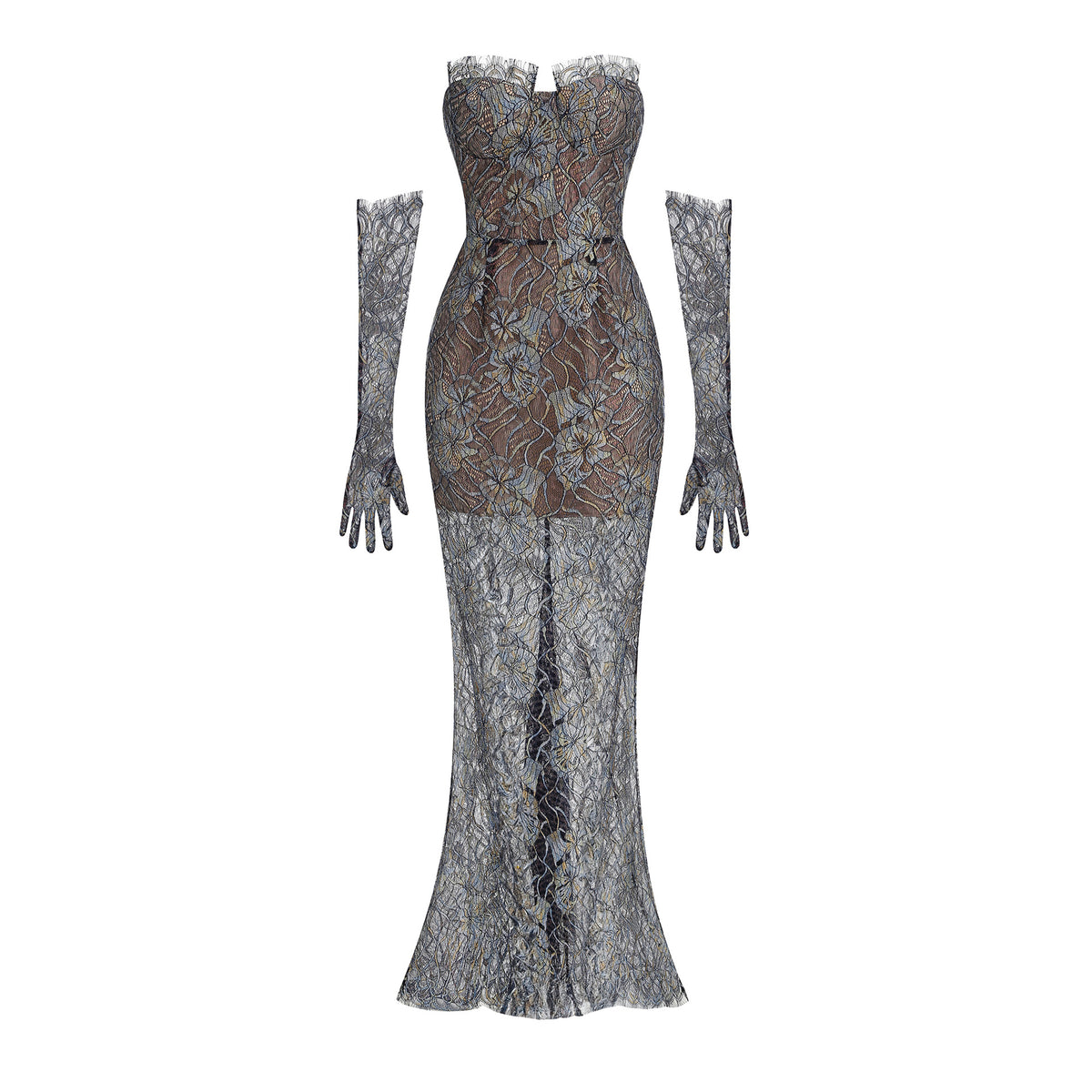 Shnovia Blue Strapless Embroidered Lace Maxi Dress With Gloves