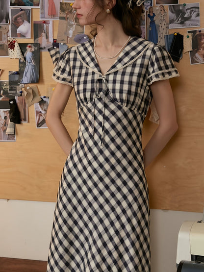 lace navy collar plaid dress