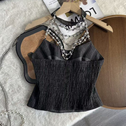 Dark Grey Pinstripe Corset-Style Halter Top