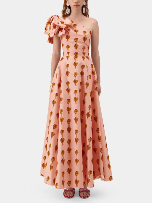 pink printed bows slanted shoulders dress