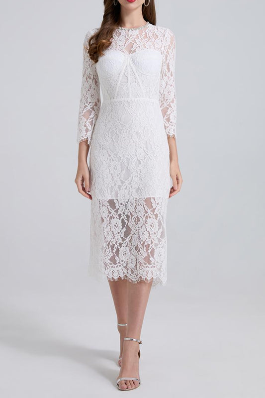 bernice rhinestone fishbone lace midi dress in white