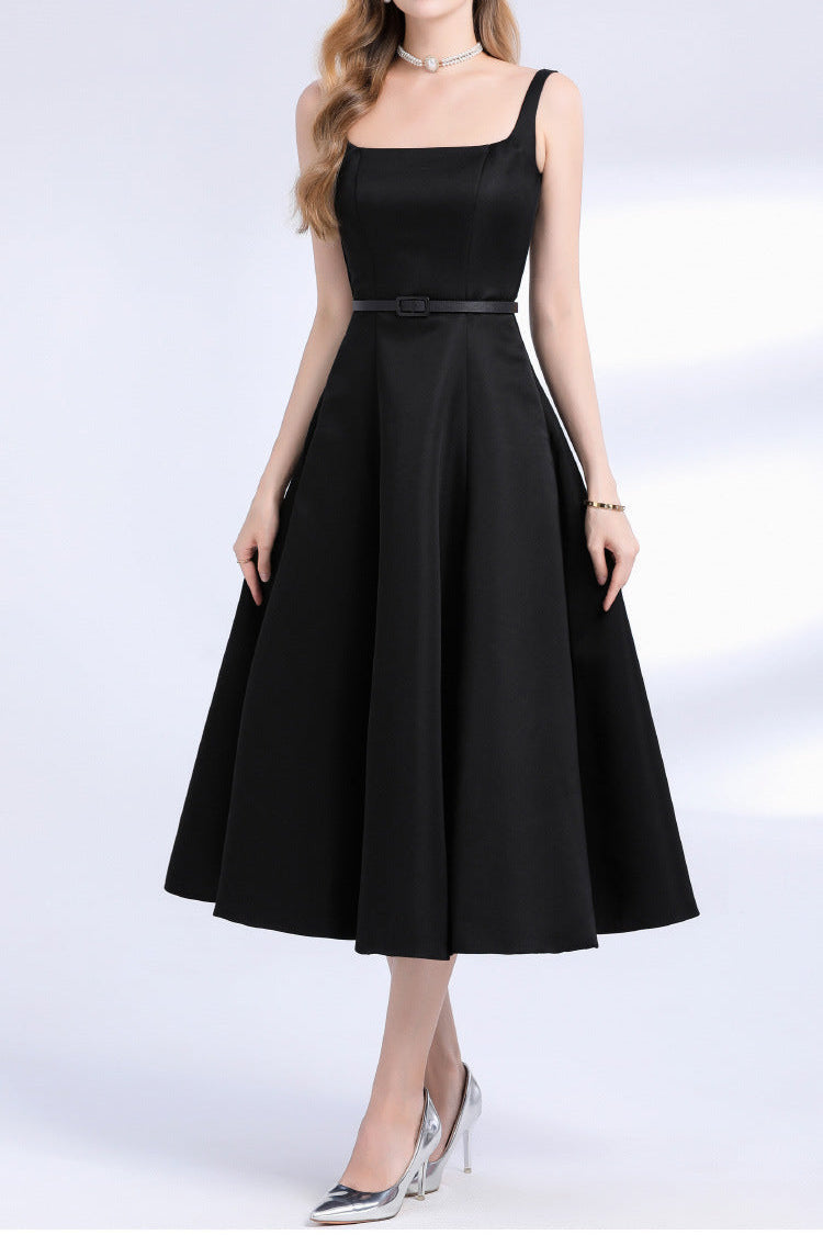 amelia square neck Satin Slip midi Dress - black