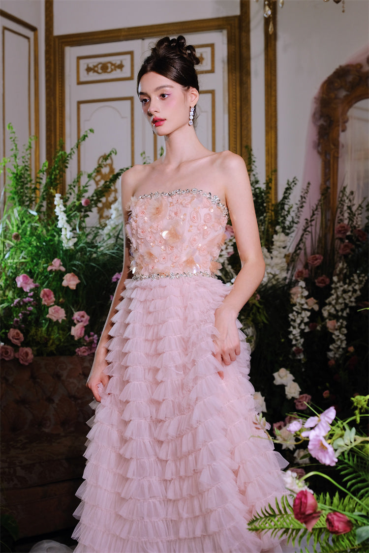 Pink Princess layer ruffle midi floral Embroidery strapless Dress