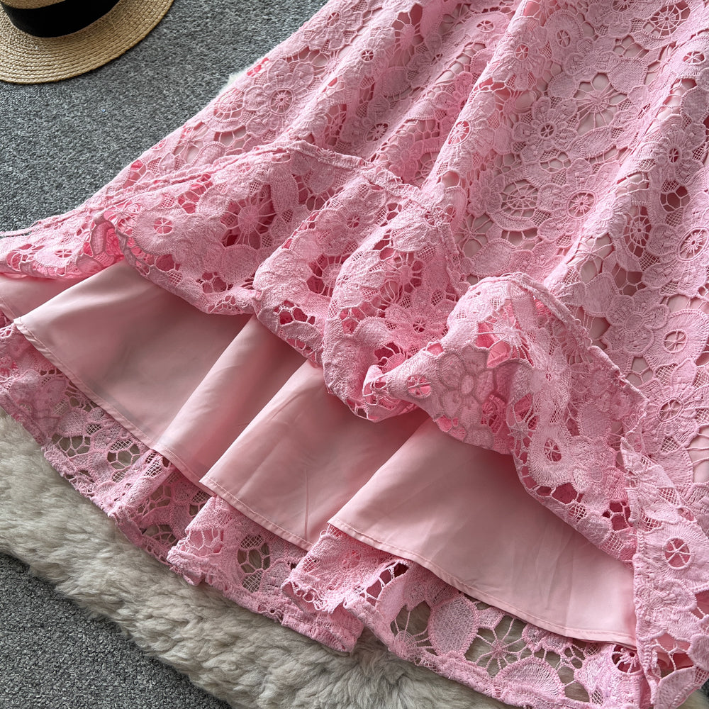 Light Pink Floral Lace A-Line Midi Dress