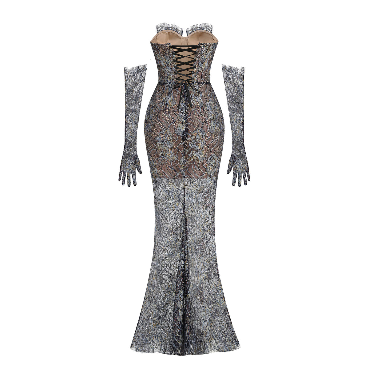 Shnovia Blue Strapless Embroidered Lace Maxi Dress With Gloves