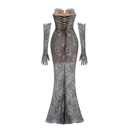 Shnovia Blue Strapless Embroidered Lace Maxi Dress With Gloves