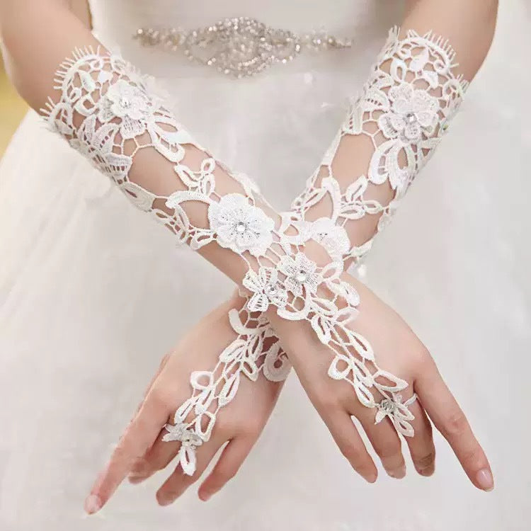 3D Floral Pearl Leaf Lace Fingerless Long Bridal Gloves