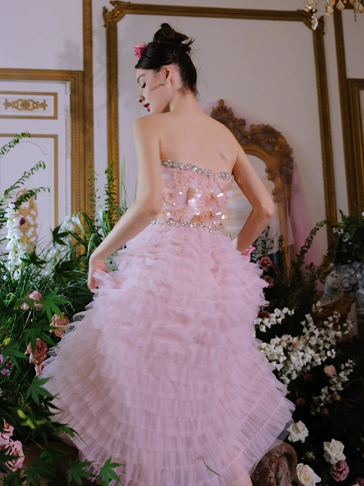 Pink Princess layer ruffle midi floral Embroidery strapless Dress