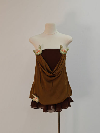 brown 3d Butterfly Fishbone Tunic Top Mini skirt Set