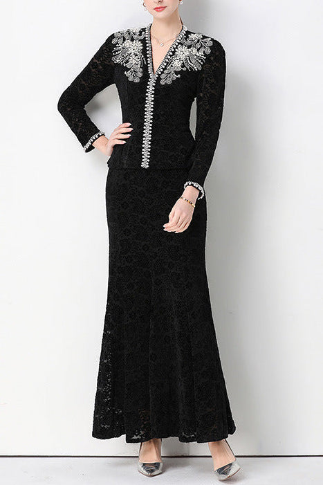 georgia Beaded V-neck lace top & fishtail skirt set - black