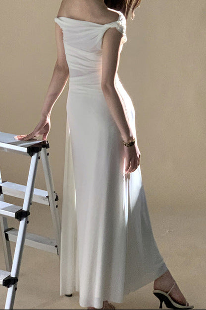 White Off-Shoulder Draped Maxi Dress
