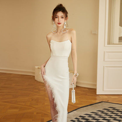 dolores Irregular High-Slit Ostrich Feather Light Dress