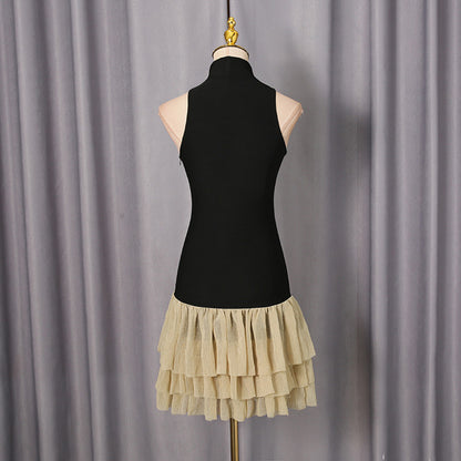 cynthia black ruched trim sleeveless puffy mini dress