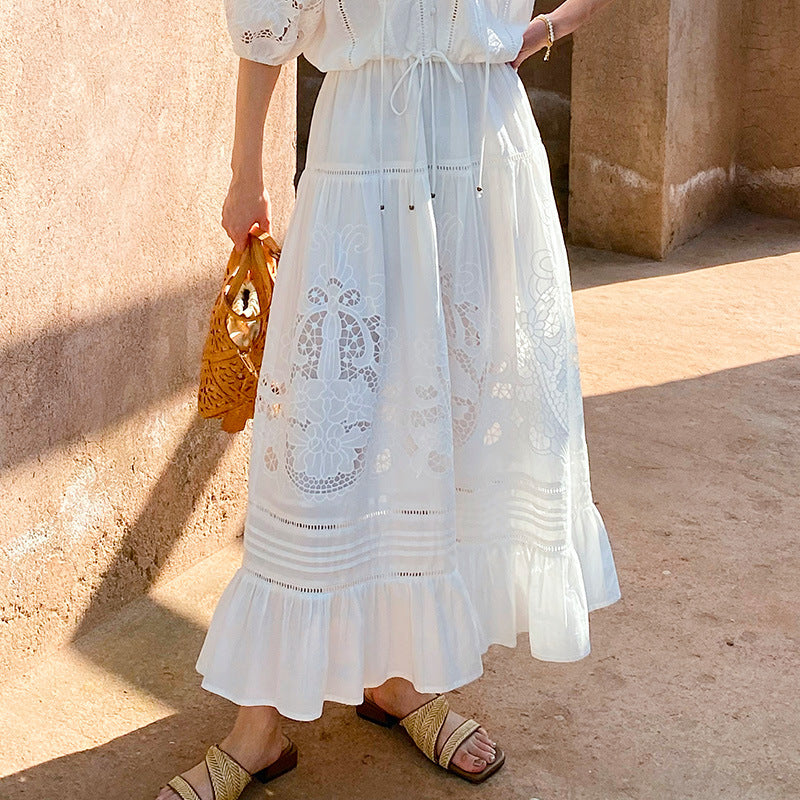 White Eyelet Lace Tiered Maxi Dress with Puff Sleeves