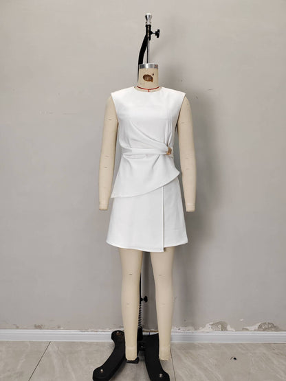 White Round Neck Sleeveless Metal Buckle Twist Wrap Split Mini Dress